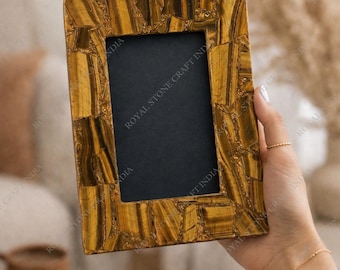 Marco de fotos de piedra de ojo de tigre hecho a mano con piedras preciosas naturales, regalo de lujo para decoración del hogar.