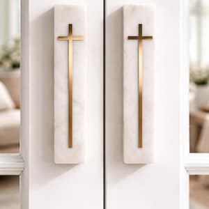 White Marble Cabinet Pull Brass Cross Inlay Drawer Handle Luxury Stone Hardware