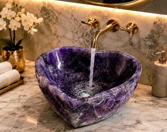 Handmade Purple Heart Shaped Amethyst Crystal Luxury Bathroom Countertop Vessel Basin