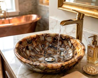 Brown Agate Vessel Sink, Handmade Luxury Crystal Stone Bathroom Vanity Basin