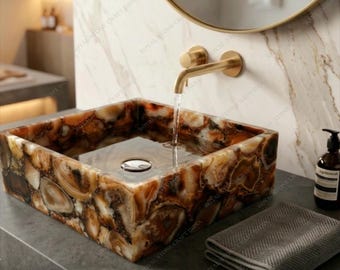 Brown Agate Vessel Sink Natural Stone Bathroom Basin Rectangle Vanity Countertop Handmade Gemstone Sink