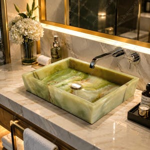 Vasque rectangulaire en onyx vert, comptoir en pierre naturelle faite à la main, meuble-lavabo