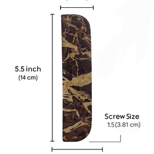 Half moon marble cabinet handle size guide showing 5.5 inch height, 1.25 inch width, 4 inch screw hole distance and 1.5 inch screw size