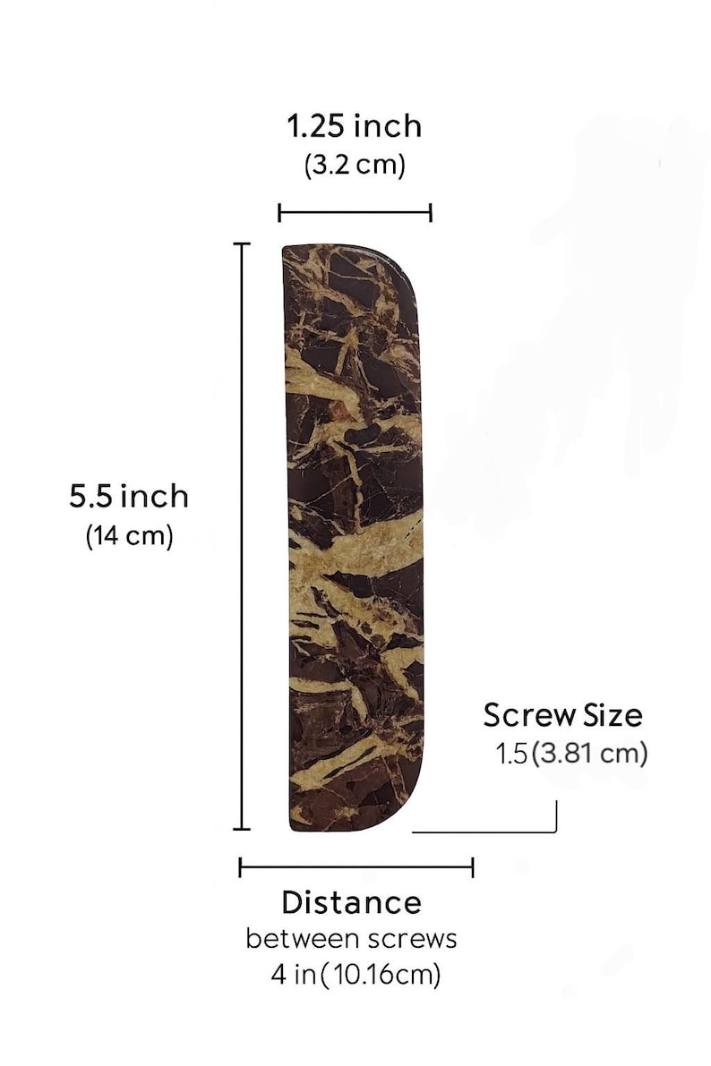 Half moon marble cabinet handle size guide showing 5.5 inch height, 1.25 inch width, 4 inch screw hole distance and 1.5 inch screw size