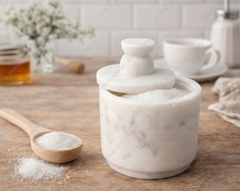 Handmade White Marble Salt Cellar with Lid  Rustic Kitchen Spice Storage