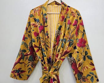 Bird Print Velvet Kimono Robes, Morning Tea Velvet Coat, Bridesmaid Robe, Women Wear Cotton Velvet robe, Velvet Jacket, Bridal Robe