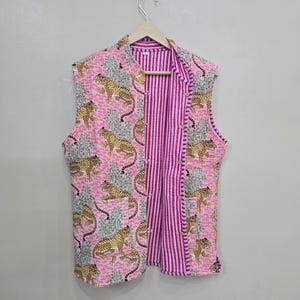 Bestseller Indian Handmade Vintage Cotton Block Print Pink Vest Coat, Cotton Block print jacket Vest Coat, Sleeves Less Cotton Jacket Gifts