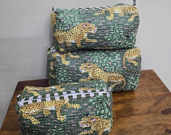Set Of 3 Quilted Toiletry Bag, Block Print Make Up Bag, Cosmetic Bag - Free Shipping
