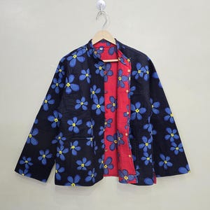 Block Print Quilted Jackets, Cotton Floral Bohemian Style Fall Winter Jacket Coat Streetwear Boho Quilted Reversible Jacket for Women