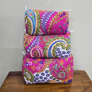 Pink Floral Make Up Bag, Vintage Indian block Print Toiletry Bag, Quilted Fabric Cosmetic Bag, Toiletry Travel Pouch, Quilted Colorful bag