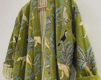 Green Jungle Print Velvet Kimono Robes, Morning Tea Velvet Coat, Bridesmaid Robe, Women Wear Cotton Velvet robe, Velvet Jacket, Bridal Robe