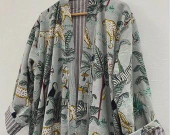 Grey Jungle Print Velvet Kimono Robes, Morning Tea Velvet Coat, Bridesmaid Robe, Women Wear Cotton Velvet robe, Velvet Jacket, Bridal Robe