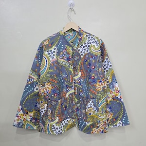 Organic Quilted Indian Cotton Jacket Reversible Block Print Fabric , Blue Warm Jacket Quilted Jacket Boho New Style Jacket Gift For Her