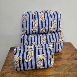 Grey Leopard Print Cotton Quilted Pouch Bag, Cosmetic Bag, Leopard Print Set of 3 Bags,Makeup Case, Makeup Bag, Best Gift Ideas,Gift For Her