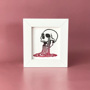 Original Lino-cut Mini Art Print 'WEEPING SKULL' in Red and Black