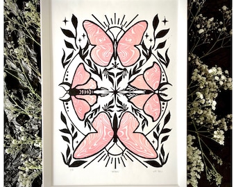 Originele handgemaakte ‘WINGS’ vlinder en motten bloemen Lino kunst aan de muur print - A4