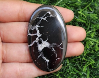 May include: Black and white oval cabochon with a dendritic pattern. The stone is polished and has a smooth surface.
