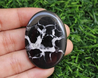May include: Black and white oval shaped cabochon with a dendritic pattern. The stone is polished and has a smooth surface.