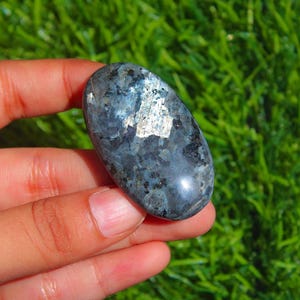 May include: An oval-shaped polished stone featuring a dark grey and black mottled surface with a prominent metallic silver inclusion that reflects light. The stone has a smooth, glossy texture and exhibits a distinct crystalline pattern throughout.