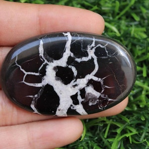 May include: A black and white oval-shaped polished stone with a dendritic pattern. The stone is smooth and has a glossy finish.