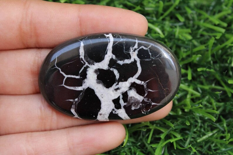 May include: A black and white oval-shaped polished stone with a dendritic pattern. The stone is smooth and has a glossy finish.