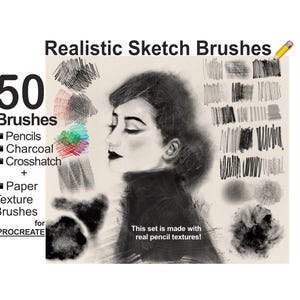 May include: A set of 50 realistic sketch brushes for Procreate, featuring pencils, charcoal, crosshatch, and paper texture brushes. The brushes are made with real pencil textures.