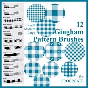 Puede incluir: Imagen que muestra 12 pinceles de patrones Gingham para Procreate. El diseño incluye varios estilos de pinceles, como patrones básicos, diagonales y mixtos, en tamaños pequeño, mediano y grande. La combinación de colores es verde azulado y blanco.