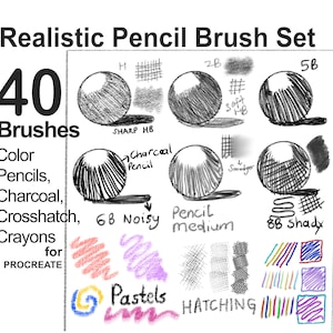 May include: A set of 40 digital brushes for Procreate, featuring realistic pencil, charcoal, crosshatch, and crayon textures. The image shows examples of each brush type, including a sharp HB pencil, a 2B pencil, a 5B pencil, a charcoal pencil, a smudger, a noisy pencil, a medium pencil, a shady pencil, and a variety of colored crayons and pastels.