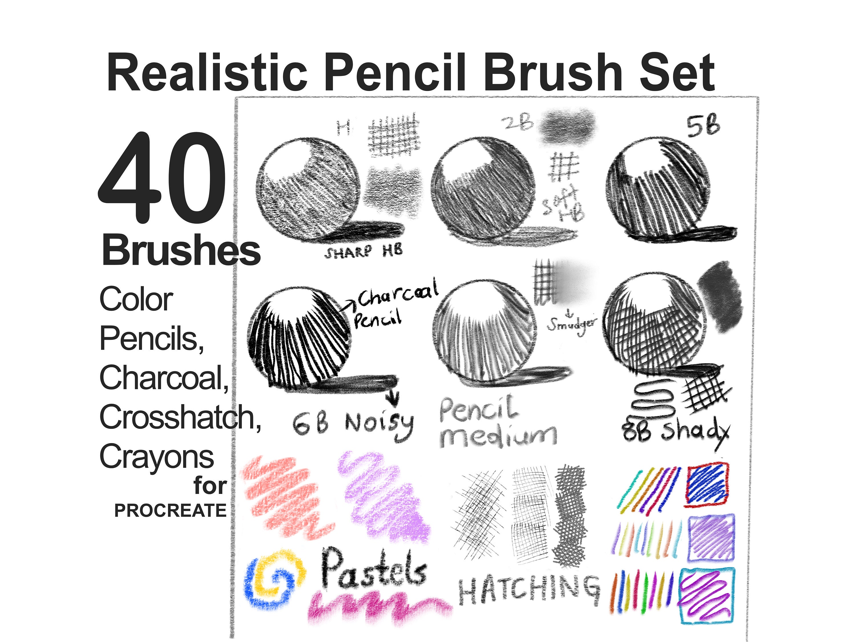 Realistic Pencil Procreate Brushes, Color Pencil, Charcoal, Pastel
