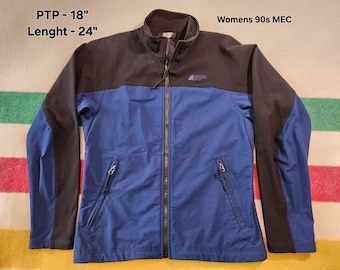Manteau en molleton entièrement zippé de MEC pour femmes, vintage des années 90 - Blocs de couleur bleu et noir