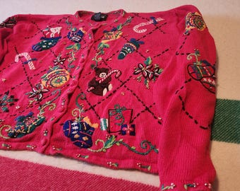 90's Christmas Cardigan - 3D knit - beading - ugly christmas sweater