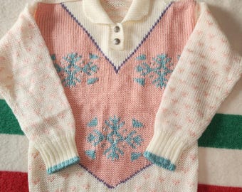 Vintage "Jessica II" Pastel Snowflake Sweater | 80s 90s Granny Core Knit Jumper | Collared V-Neck Pullover