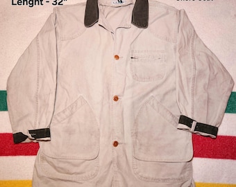 Manteau de corvée L.L.Bean vintage des années 90 - Fabriqué aux États-Unis - étiquette en dents de scie - Veste à granges - Toile beige avec col et poignets en velours côtelé - Homme XL