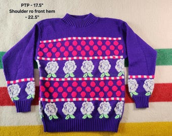 Vintage 80s/90s Purple Knit Sweater with Pink Polka Dots and White Floral Design, Mock Neck Pullover