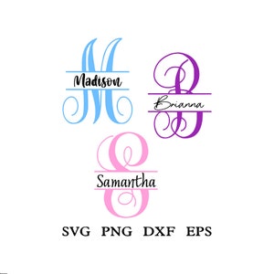 May include: Three split monogram designs with the names "Madison", "Brianna", and "Samantha" written in black script font. The letters are in blue, purple, and pink, respectively. The names are separated by a horizontal line.