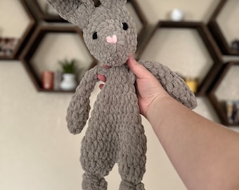 handmade bunny stuffie, crochet bunny plushie, baby shower gift, handmade lovey, crochet knotted snuggler, bunny knotted stuffie, baby