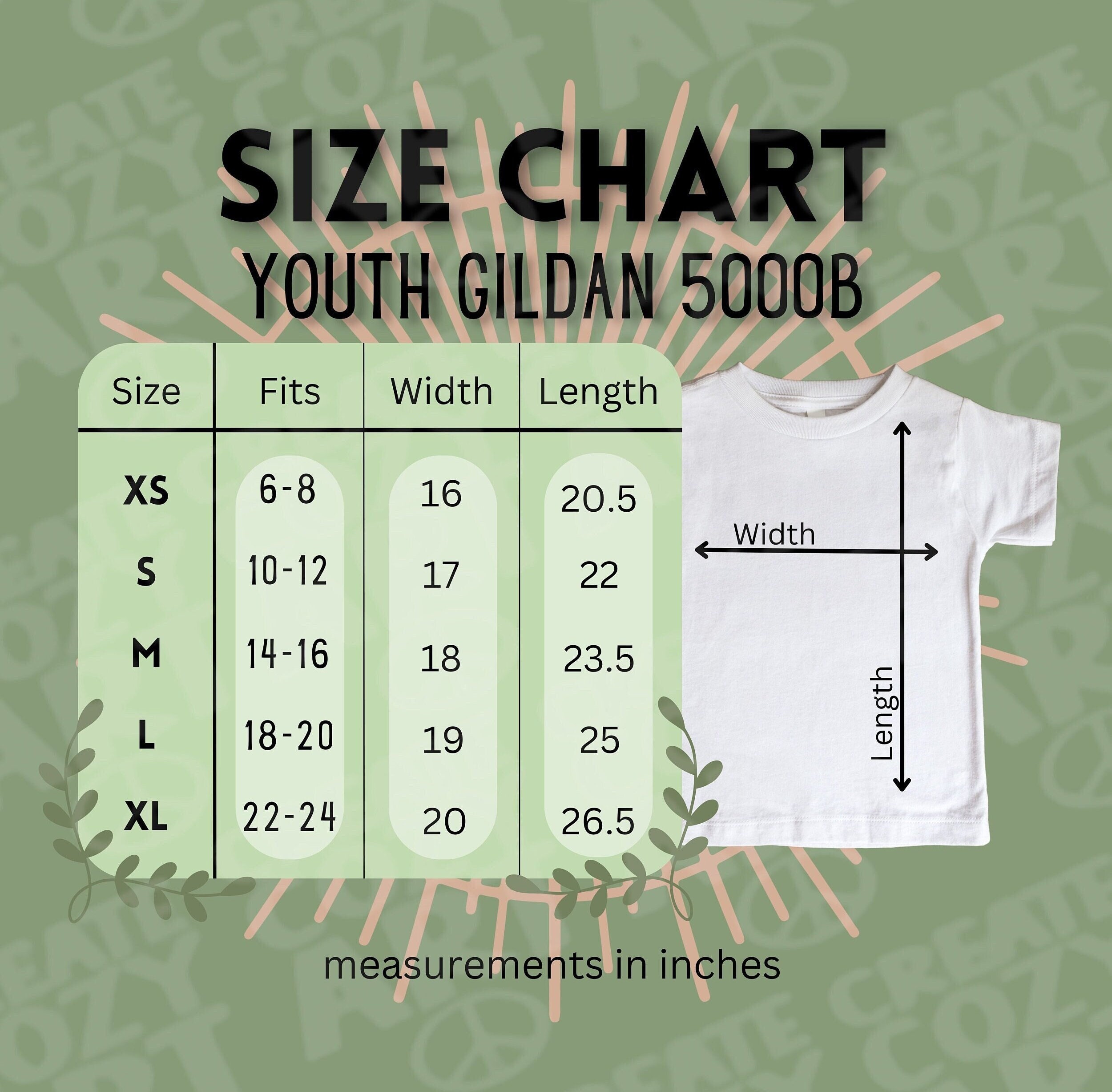 Gildan 5000B Size Chart, Youth Gildan Size Chart, Size Chart With