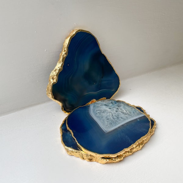 Blue agate stone coasters, Agate coasters in the uk, crystal coasters with gold edge, Gold and Blue agate stone coasters. Housewarming