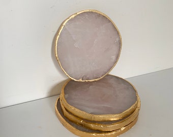 Sous-verres en pierre d’agate à cercle rose avec bord d’or, sous-verres en agate au Royaume-Uni, sous-verres en cristal avec bord en or, sous-verres en pierre d’agate rose