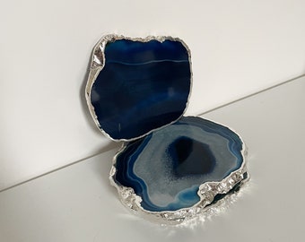 Blue agate stone coasters, Agate coasters in the uk, crystal coasters with Silver edge, Gold and Blue agate stone coasters. Blue Agate Stone