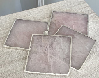 Pink square agate stone coasters with silver edge, Agate coasters in the uk, crystal coasters with silver edge, pink agate stone coasters