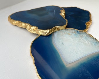 Blue Agate Stone Coasters with Gold Edge: crystal Coasters