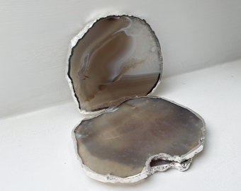 Grey Agate stone coasters, agate coasters in the uk, crystal coasters with silver edge, Grey and silver agate stone coasters, Wedding gift