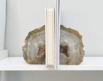 White Agate Stone Book Ends with Gold Edging, White Agate Stone Ornament, Almost perfect Book Ends, Crystal Book Ends in the UK, Agate Stone