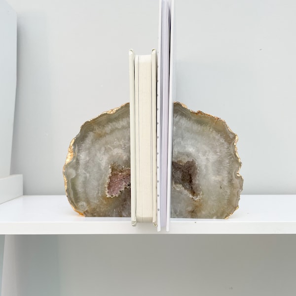 White Agate Stone Book Ends with Gold Edging, White Agate Stone Ornament, Almost perfect Book Ends, Crystal Book Ends in the UK, Agate Stone