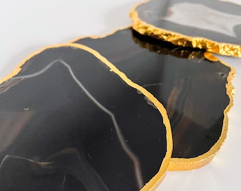 Dessous de verre en agate avec bordure dorée, pierre naturelle, cadeau de pendaison de crémaillère
