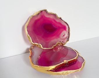 Pink agate stone coasters, Agate coasters in the uk, crystal coasters with gold edge, Gold and Pink agate stone coasters. Housewarming