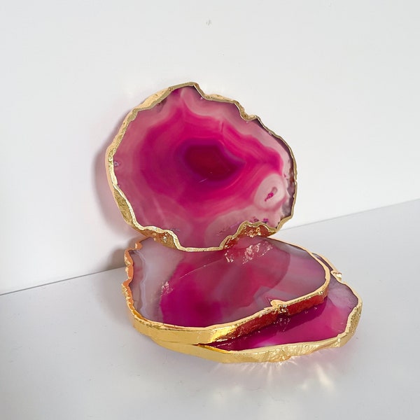 Pink agate stone coasters, Agate coasters in the uk, crystal coasters with gold edge, Gold and Pink agate stone coasters. Housewarming