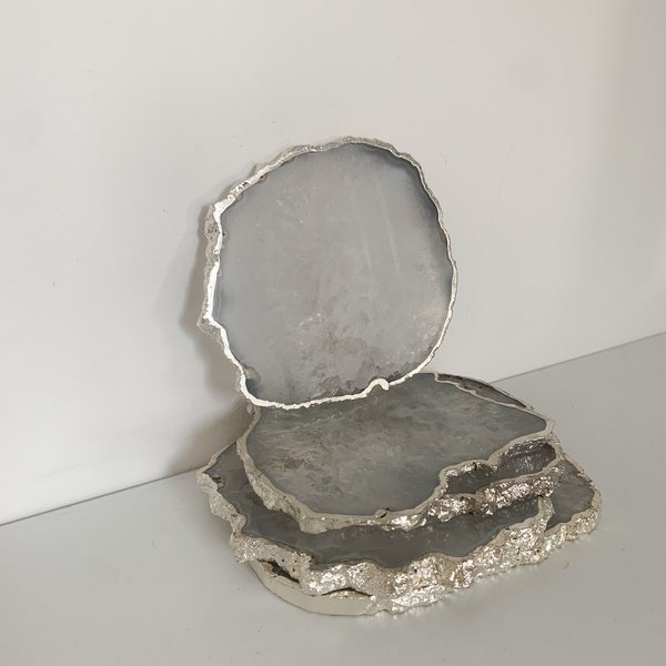 Silver edge agate stone coasters, Agate coasters in the uk, Crystal coasters with Silver, Silver and white agate stone coasters