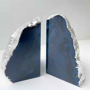 Blue Agate Stone Book Ends with Silver Edging, Blue Agate Stone Ornament, Silver Book Ends, Crystal Book Ends in the UK, Agate Stone